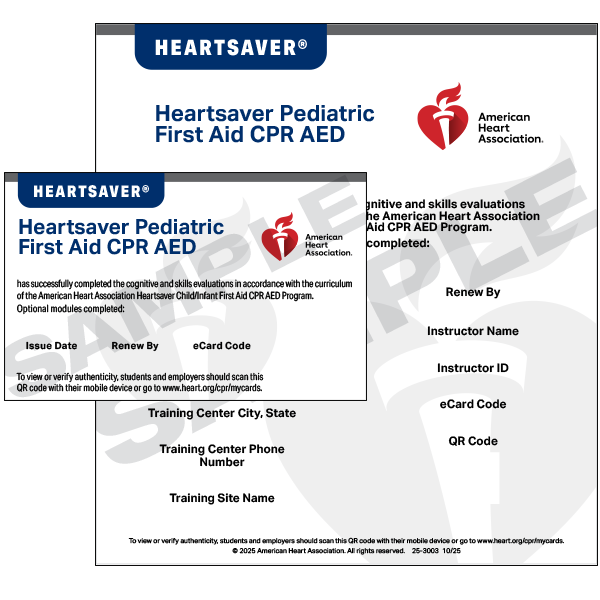 Heartsaver Pediatric First Aid CPR AED certification card